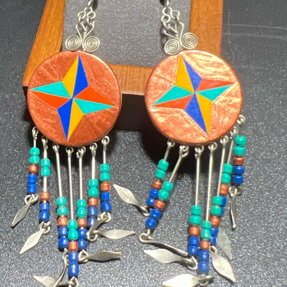 Boho Southwestern Hand Painted Dream Catcher Dangle Beaded Fringe Earrings